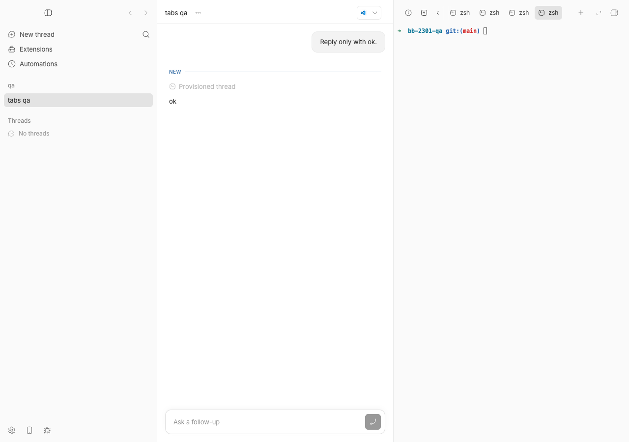 Electron window with six zsh tabs overflowing the right panel tab strip
