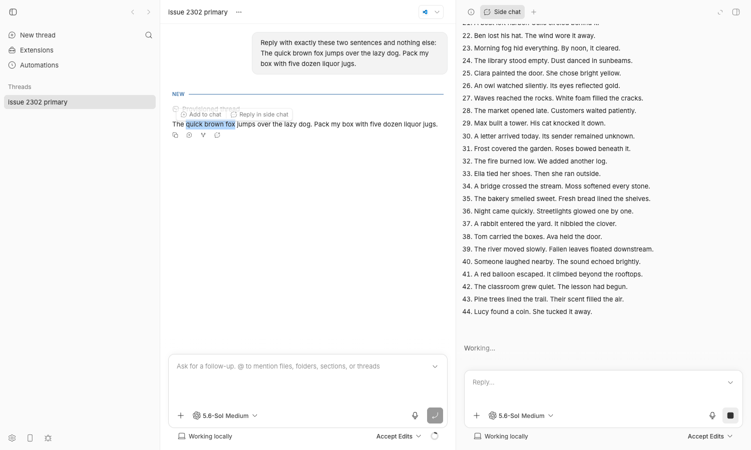 Selection menu open above 'quick brown fox' while the side chat streams paragraphs on the right