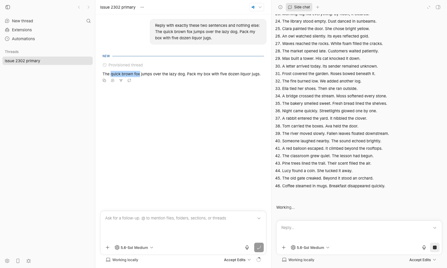 Same view 300 ms later: the menu is gone, the text is still highlighted, the side chat scrolled two more paragraphs