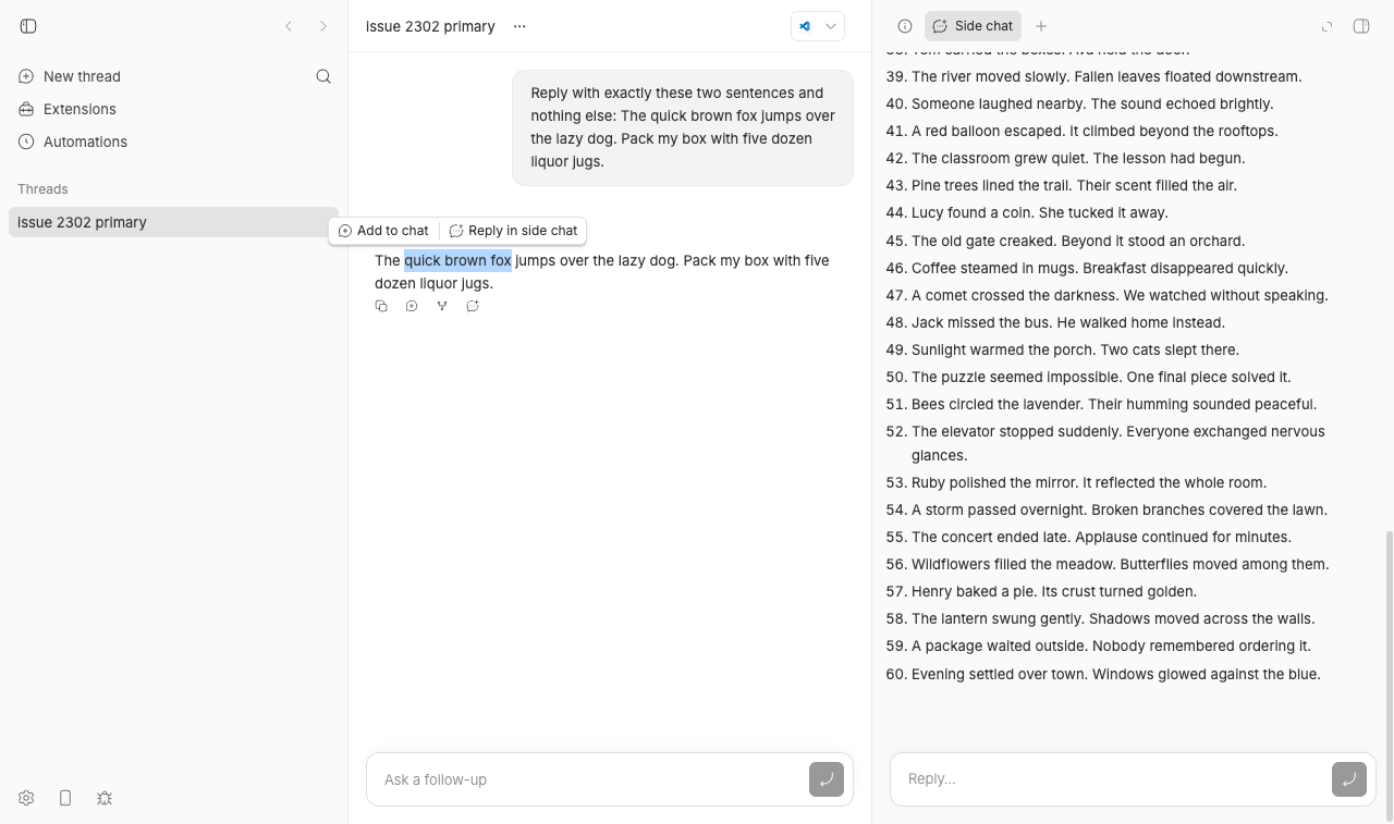 With the fix: menu still open above the selection after the side chat panel scrolled