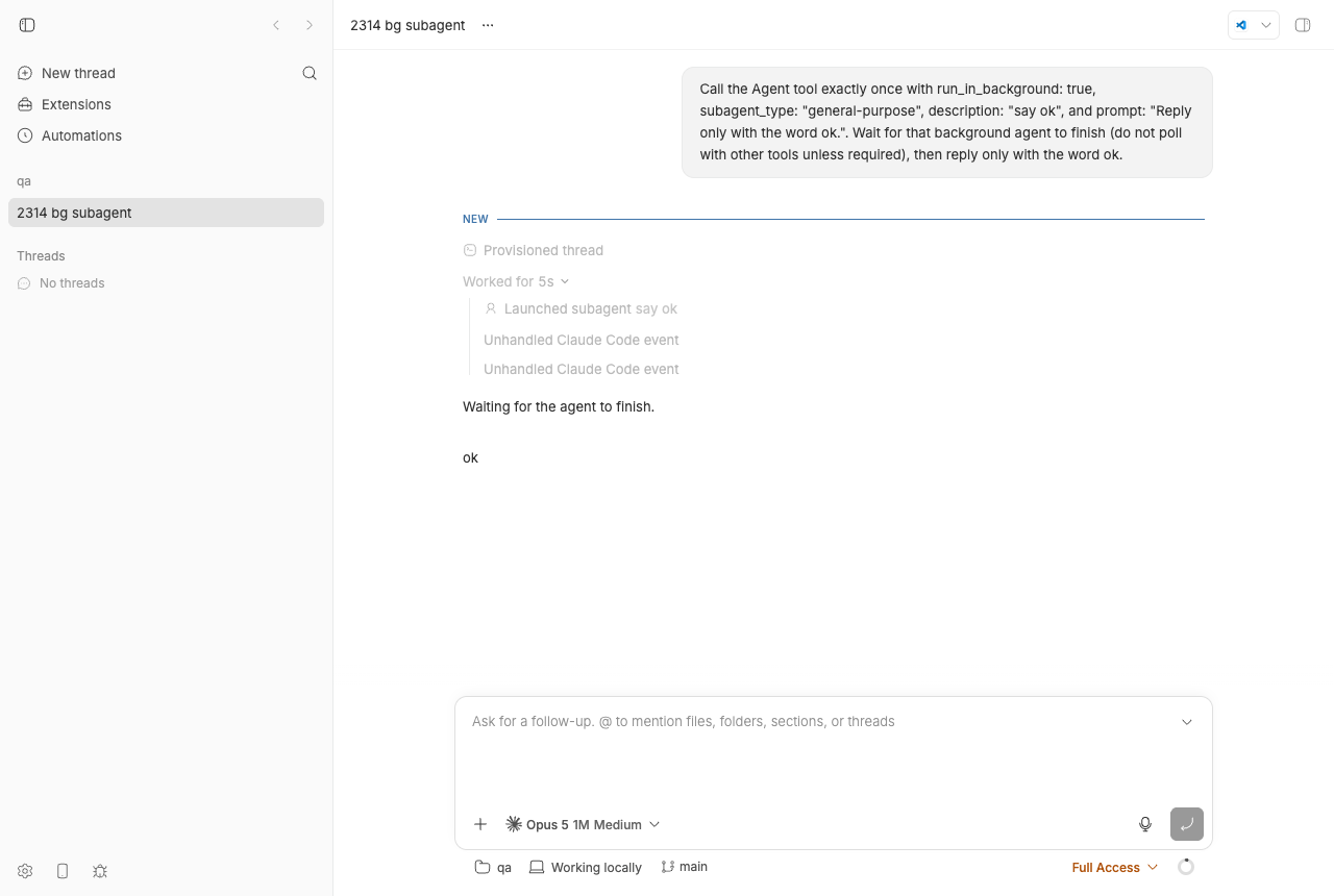 Thread with the turn expanded: 'Launched subagent say ok' row plus two 'Unhandled Claude Code event' rows