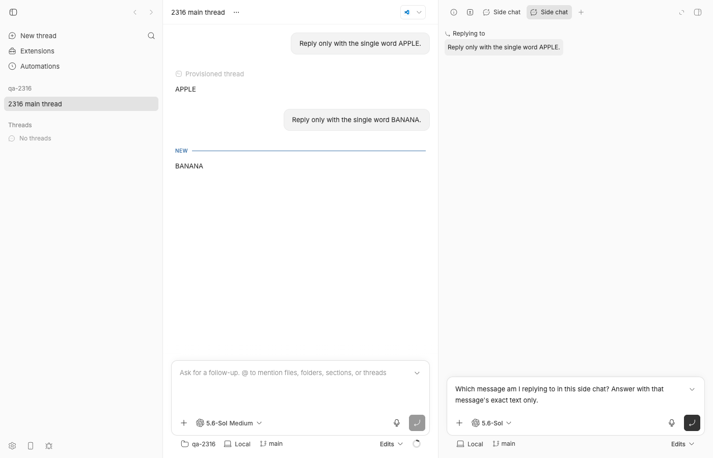 Question typed into the side chat composer