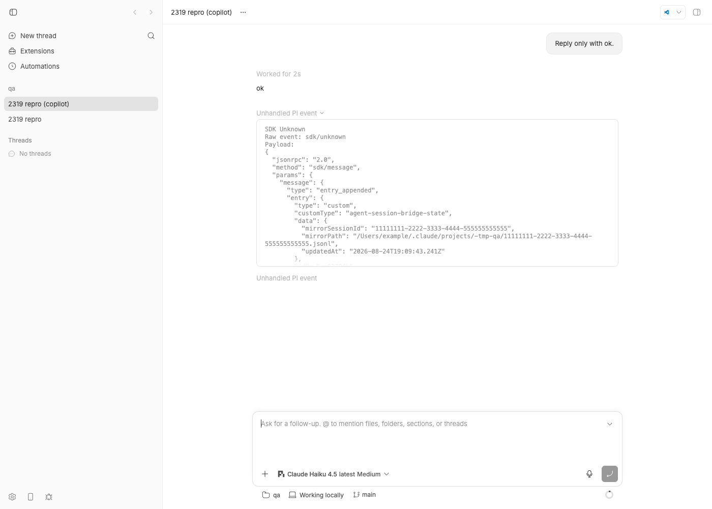 First unhandled row expanded: SDK Unknown, Raw event: sdk/unknown, payload with type entry_appended and customType agent-session-bridge-state