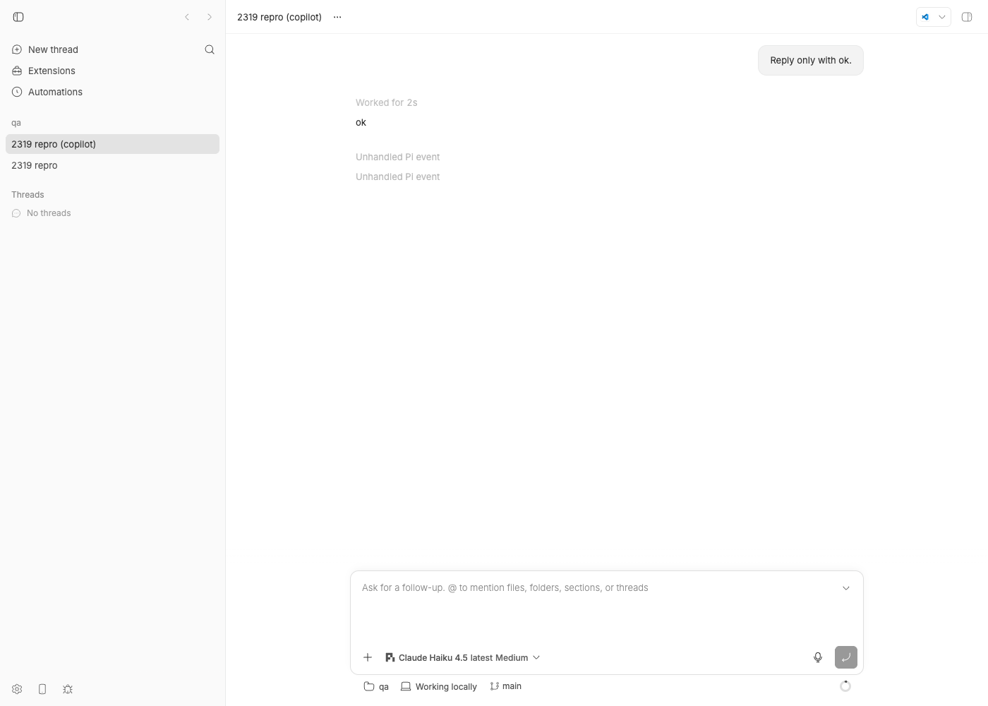 bb thread view after the Pi turn: the assistant reply 'ok' followed by two 'Unhandled Pi event' rows