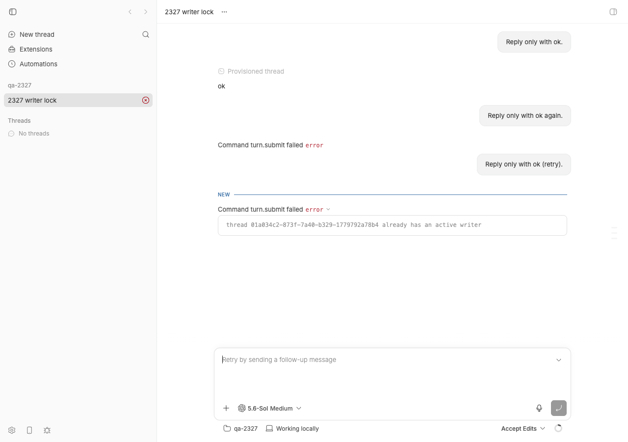 Thread page showing Command turn.submit failed with the active writer error