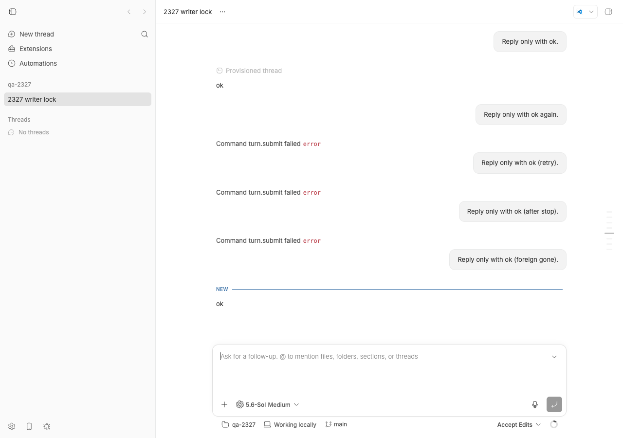 Thread page with three failed follow-ups and a final successful ok