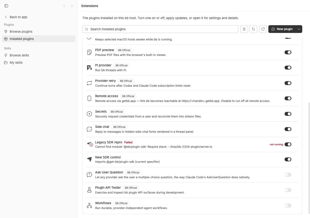 Installed plugins list showing Legacy SDK repro as Failed with Cannot find module '@bb/plugin-sdk', and New SDK control healthy