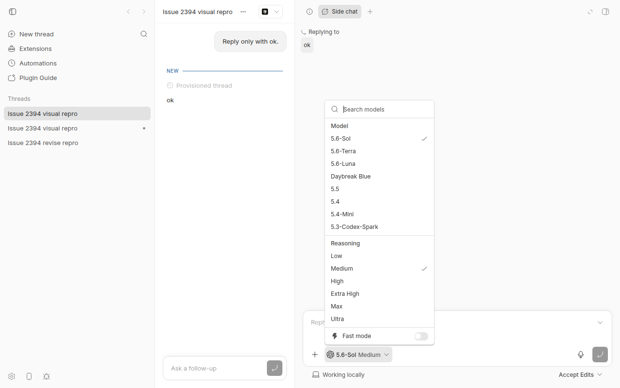 A wide side-chat panel with the model picker open above the composer