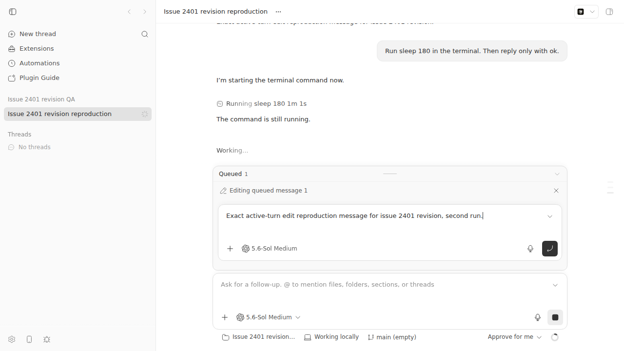 The queued message editor open during the active sleep command