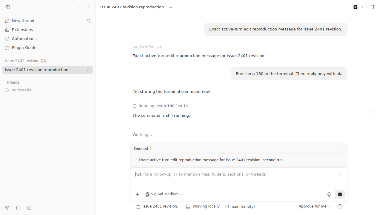 An active sleep command and one queued message before Edit