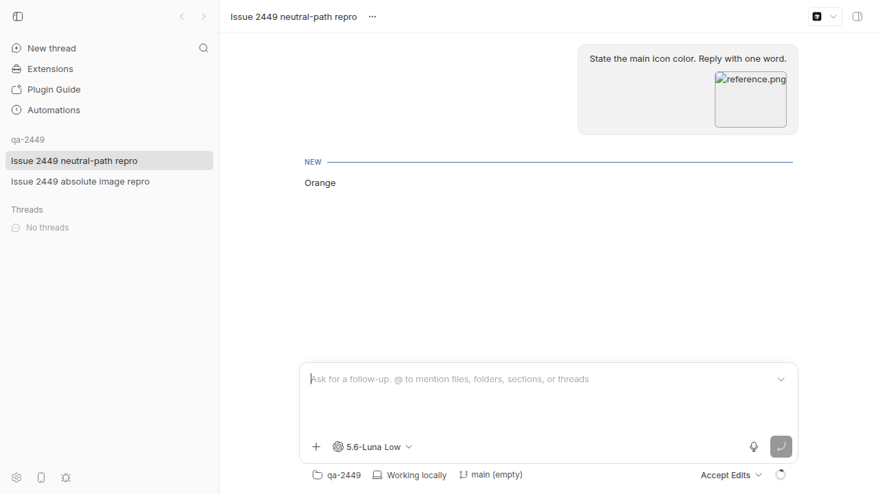 A bb project thread with a broken reference.png thumbnail and an Orange agent reply