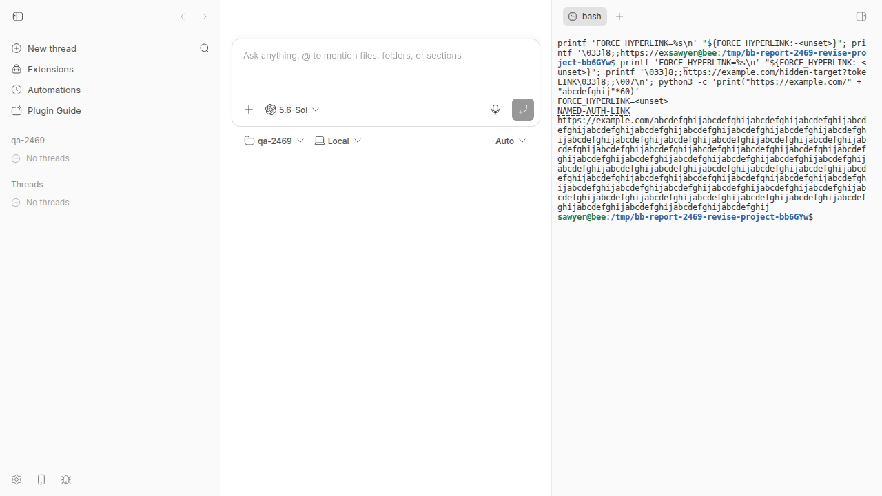 The isolated bb terminal shows FORCE_HYPERLINK unset, a named link label, and a long soft-wrapped URL.