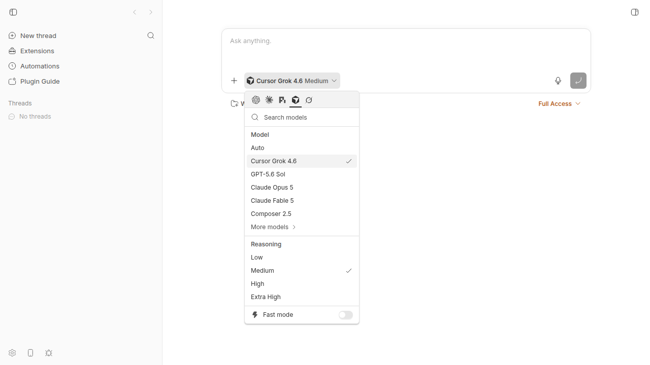 The Cursor picker shows four reasoning levels for Grok 4.6