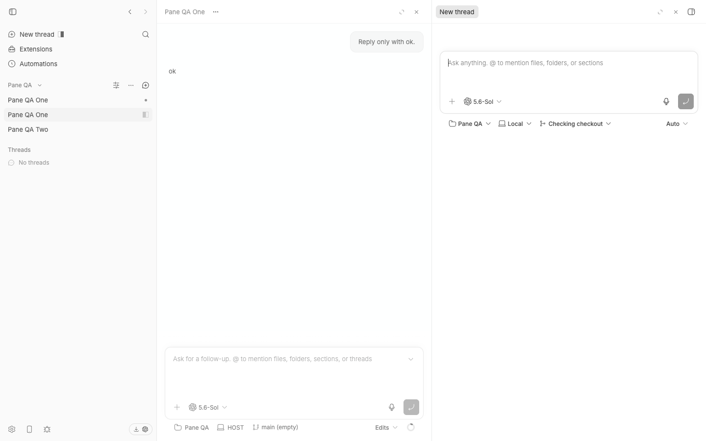 One thread pane and one composer pane after the project create action