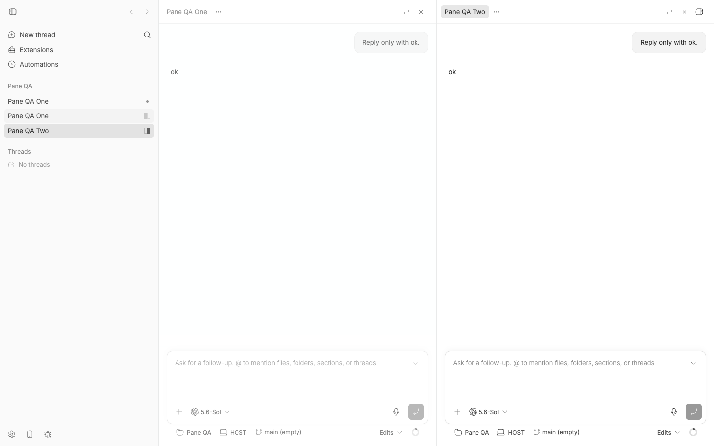 Two thread panes before the project create action