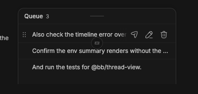 The same queued-message row with send, edit, and delete icons visible during hover