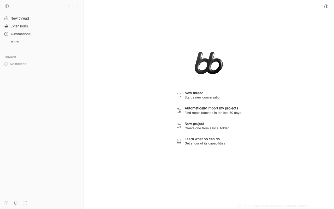bb app with a long title-only error toast truncated at the bottom right