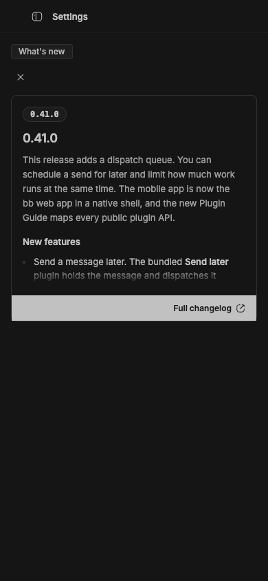 Compact changelog with a detached dismiss icon above the release card