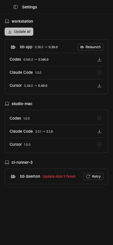 Compact multi-machine updates page with Update all under the first machine heading
