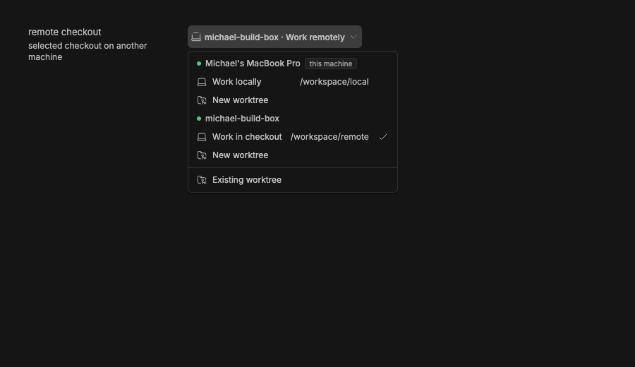 Environment picker showing a remote-work trigger and a selected work-in-checkout row beside worktree choices