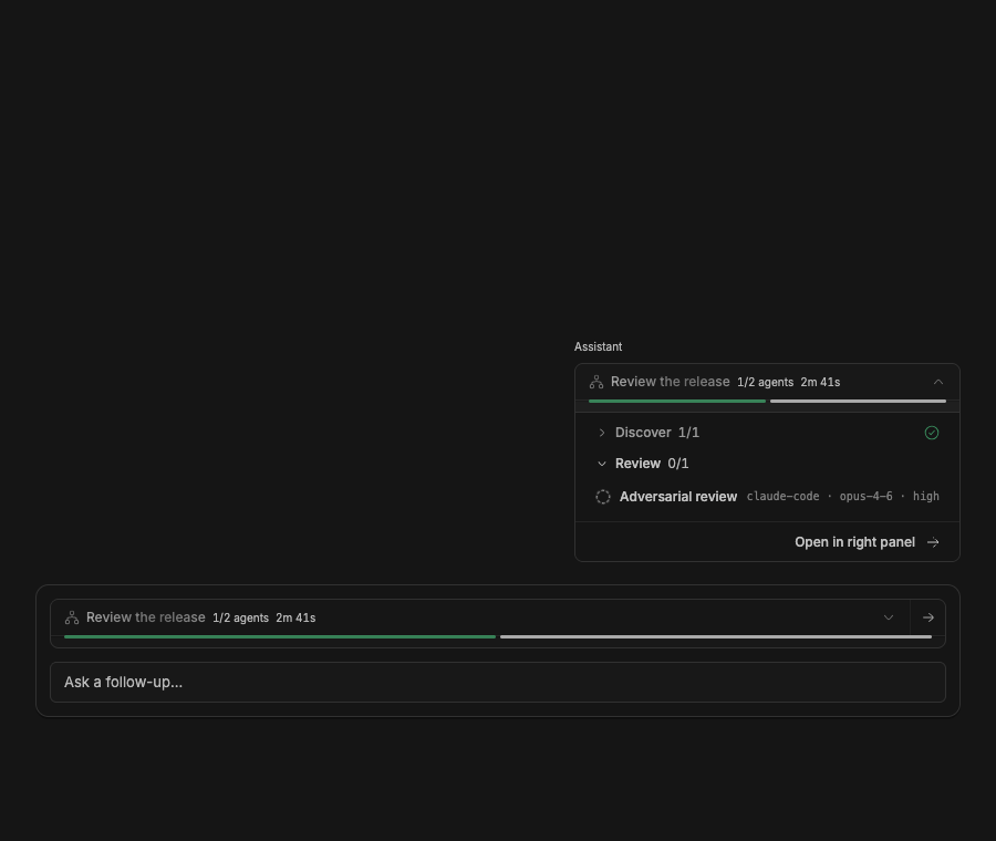 An expanded workflow preview directly above a composer that contains a second collapsed card for the same active workflow