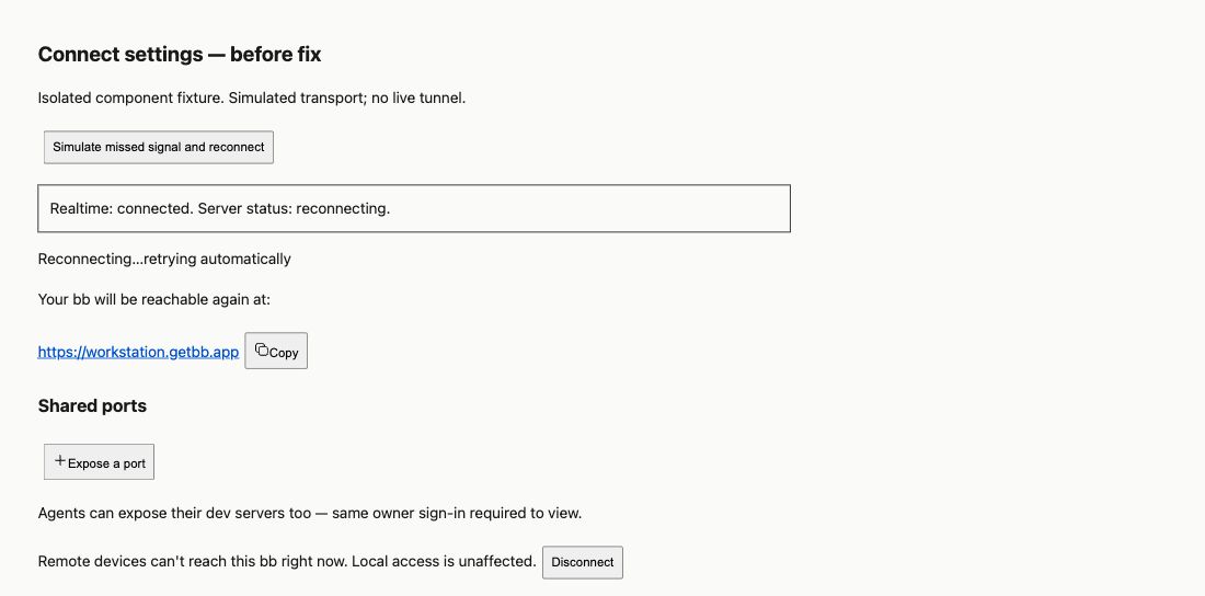Initial fixture shows server and component both reconnecting