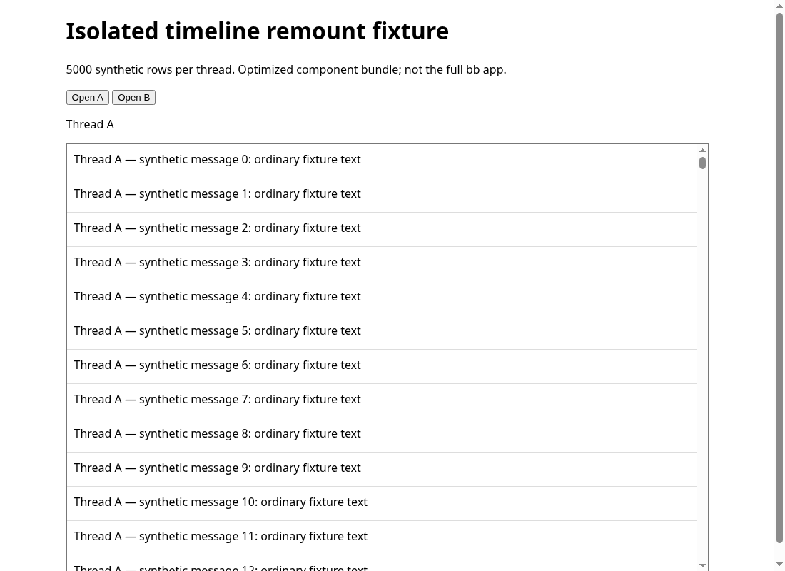 First run of isolated timeline fixture showing synthetic rows