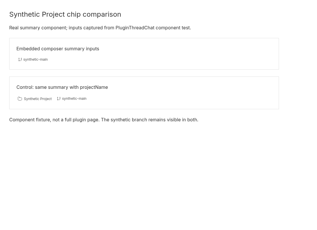 second actual Chromium screenshot: captured embedded summary lacks project chip; control includes Synthetic Project
